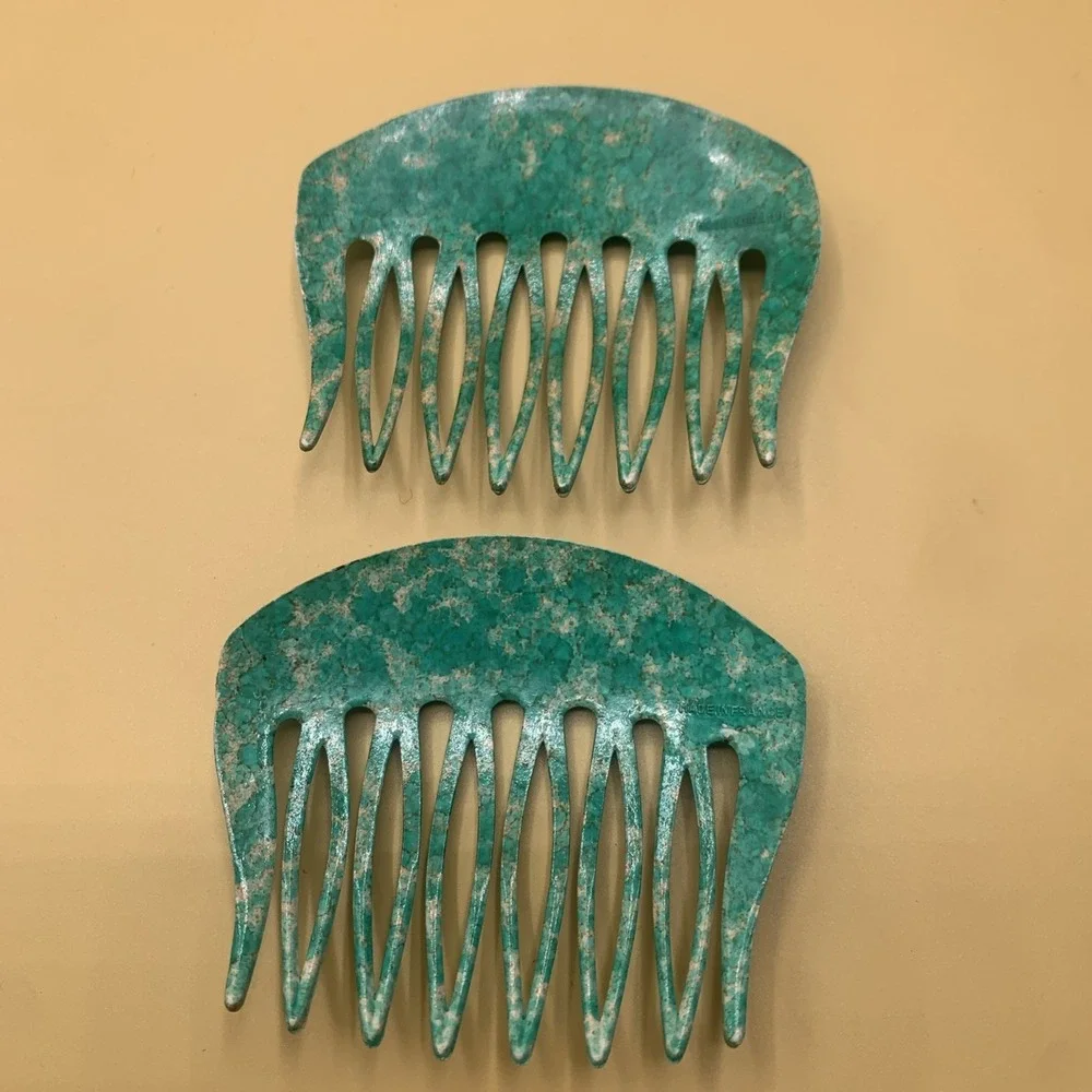 Vintage French Hair Comb Pair Teal  Marbled Multi Tone Style Made In France